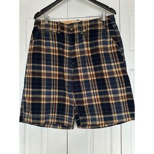 Vintage Plaid Mens Navy Blue Tan Brown Check Cotton Shorts Size 36 Heavy Washed